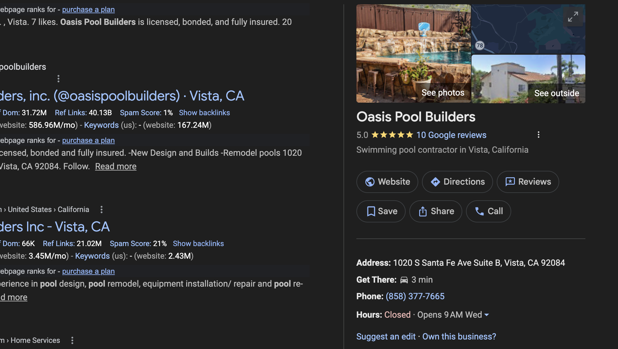 Google Business Profile showing 5-star reviews for Oasis Pool Builders